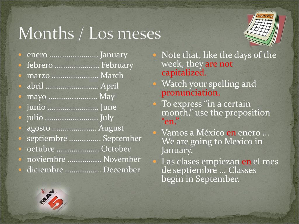 Months / Los meses enero January. febrero February. marzo March.