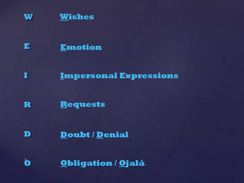 W E I R D O Wishes Emotion Impersonal Expressions Requests Doubt / Denial Obligation / Ojalá