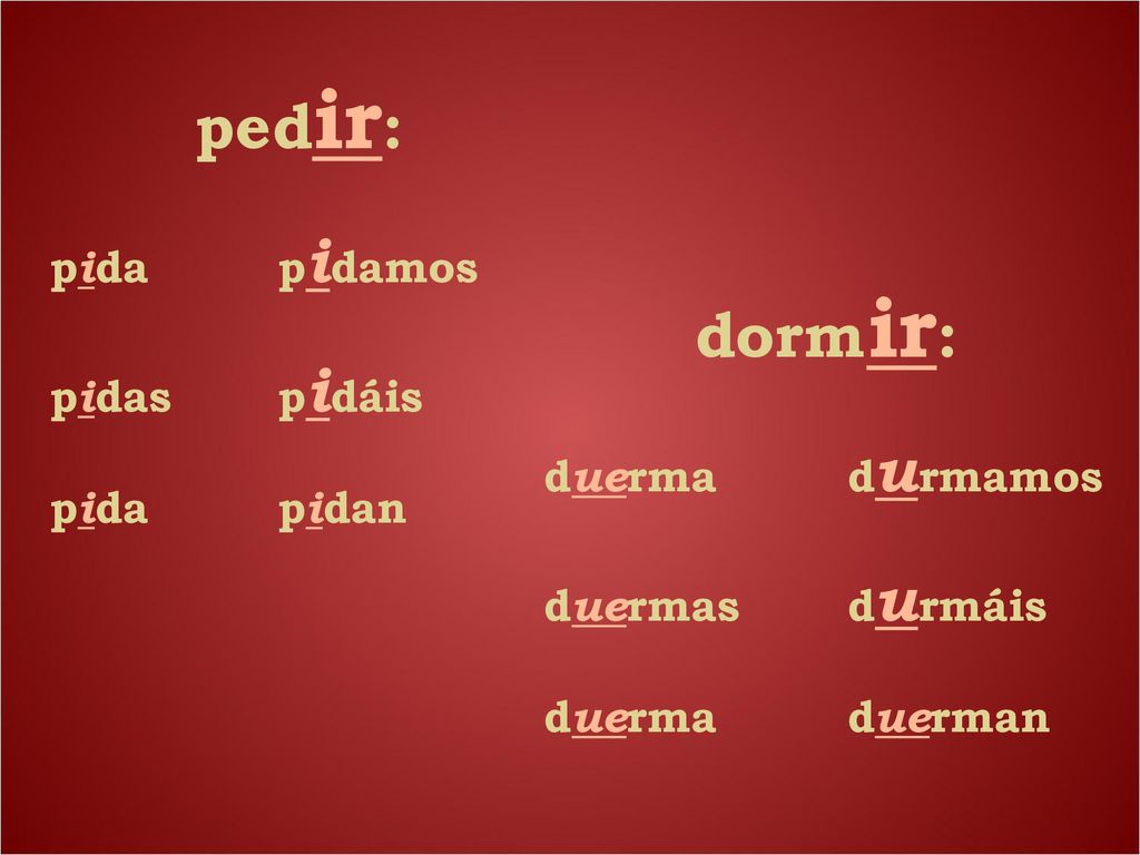 pedir: dormir: pida pidamos pidas pidáis pida pidan duerma durmamos