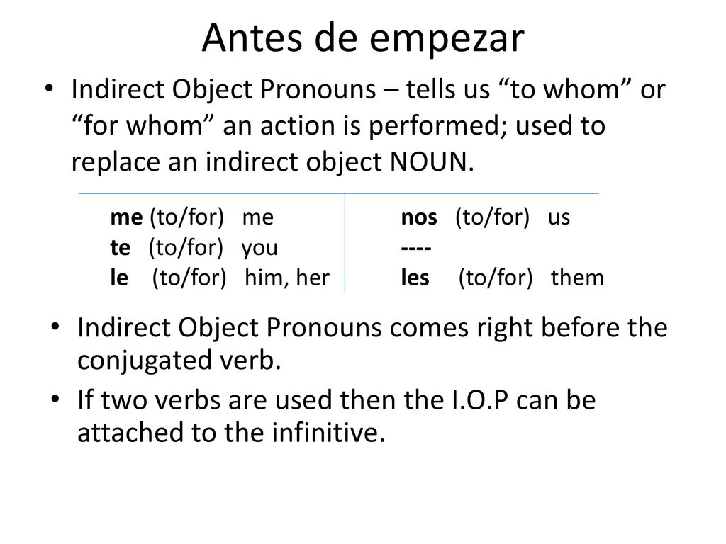 Antes de empezar Indirect Object Pronouns – tells us to whom or for whom an action is performed; used to replace an indirect object NOUN.