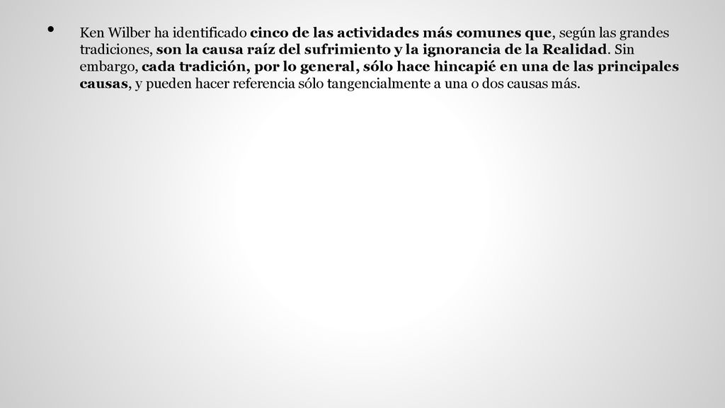 Ken Wilber ha identificado cinco de las actividades más comunes que, según las grandes tradiciones, son la causa raíz del sufrimiento y la ignorancia de la Realidad.