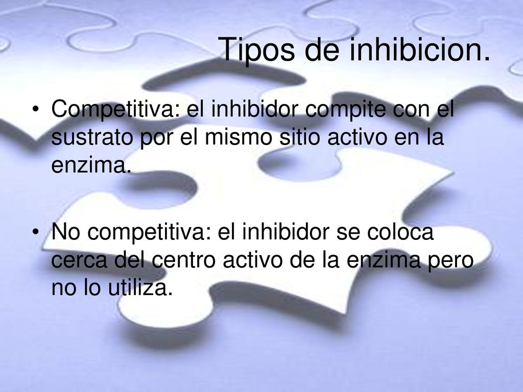 Tipos de inhibicion. Competitiva: el inhibidor compite con el sustrato por el mismo sitio activo en la enzima.