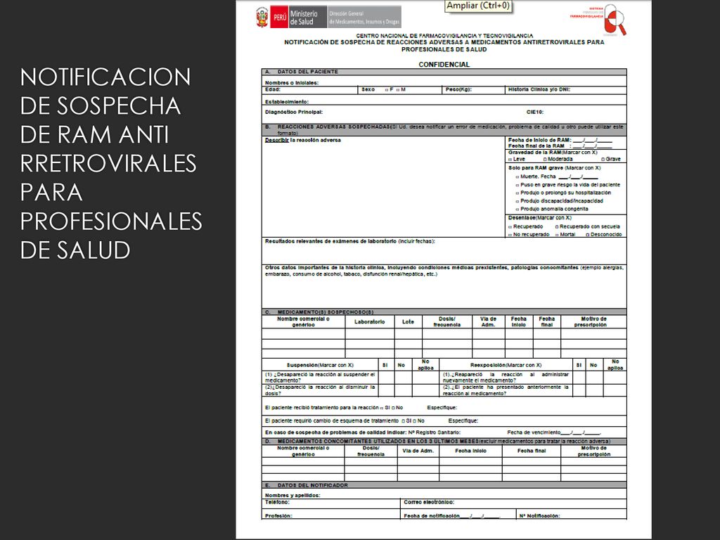 NOTIFICACION DE SOSPECHA DE RAM ANTI RRETROVIRALES PARA PROFESIONALES DE SALUD