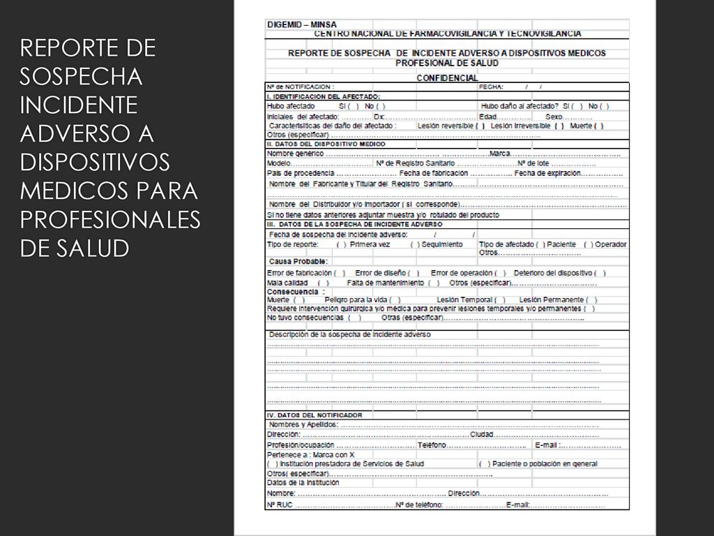 REPORTE DE SOSPECHA INCIDENTE ADVERSO A DISPOSITIVOS MEDICOS PARA PROFESIONALES DE SALUD
