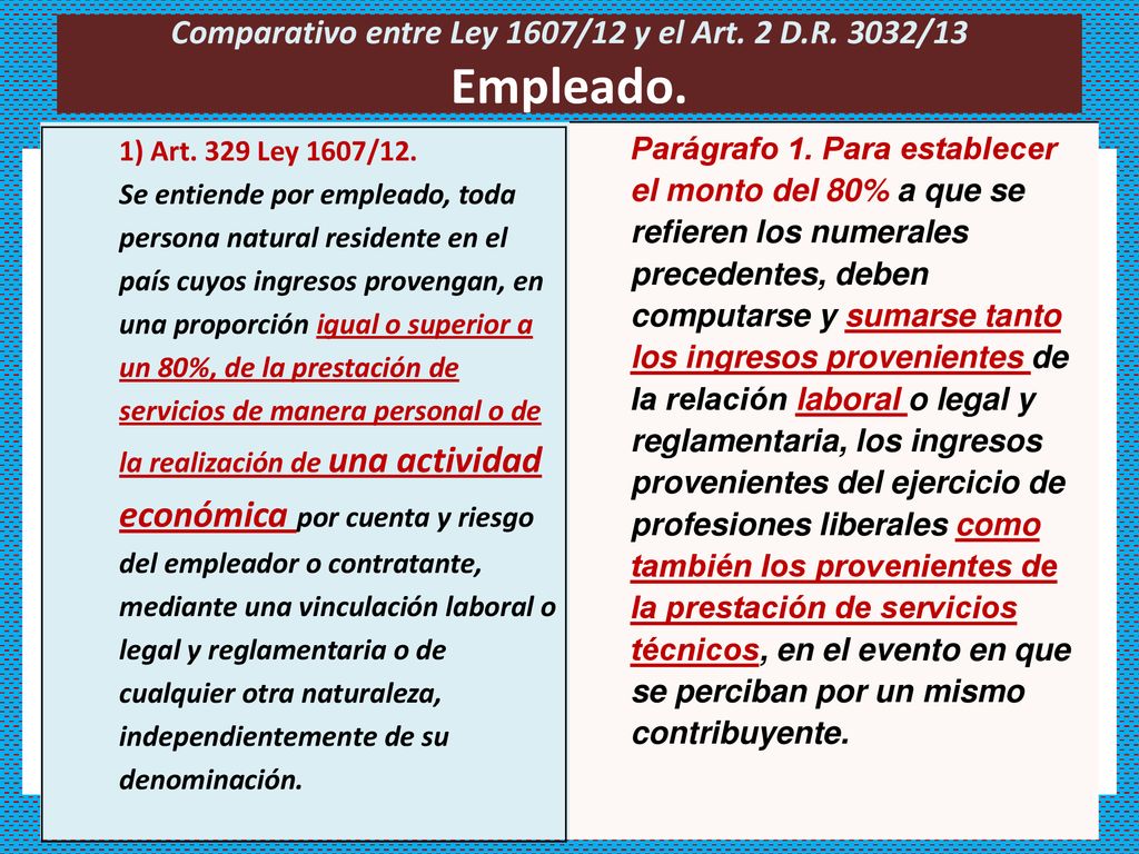 Comparativo entre Ley 1607/12 y el Art. 2 D.R. 3032/13 Empleado.