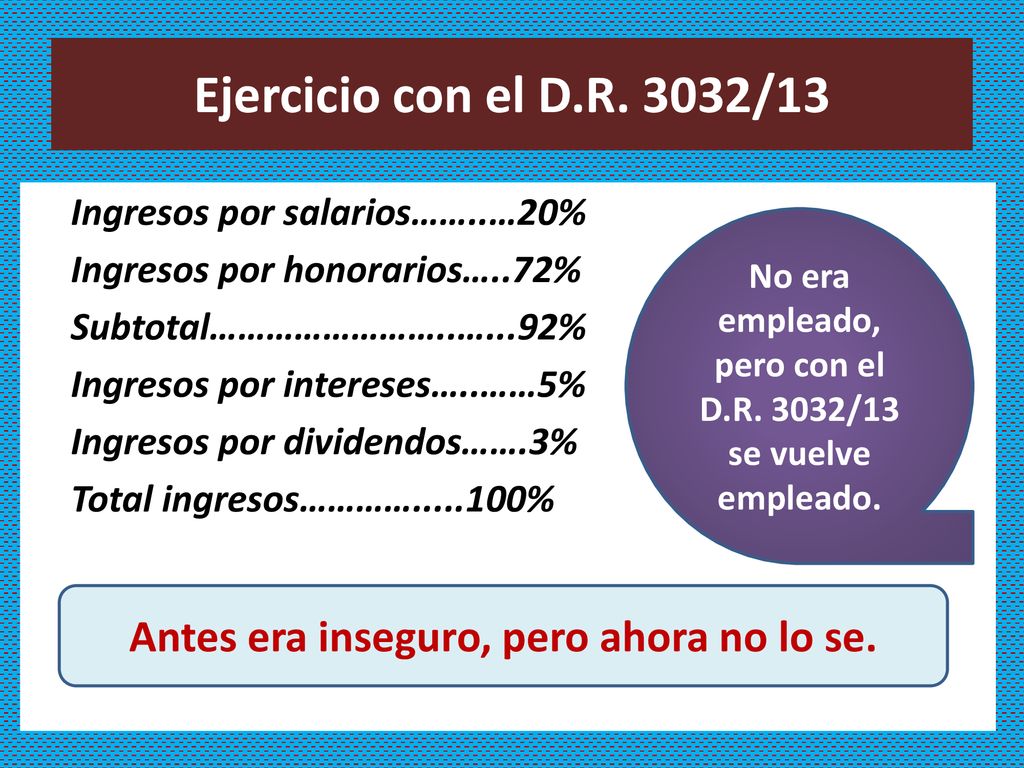 Ejercicio con el D.R. 3032/13 Antes era inseguro, pero ahora no lo se.