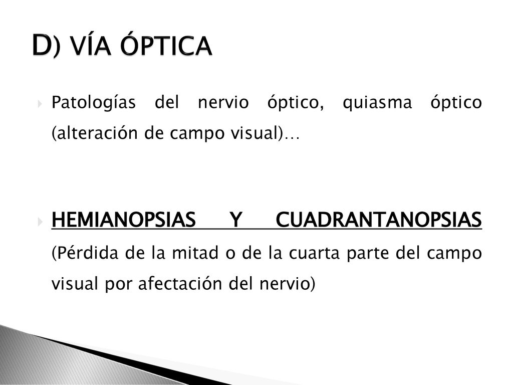 D) VÍA ÓPTICA Patologías del nervio óptico, quiasma óptico (alteración de campo visual)…