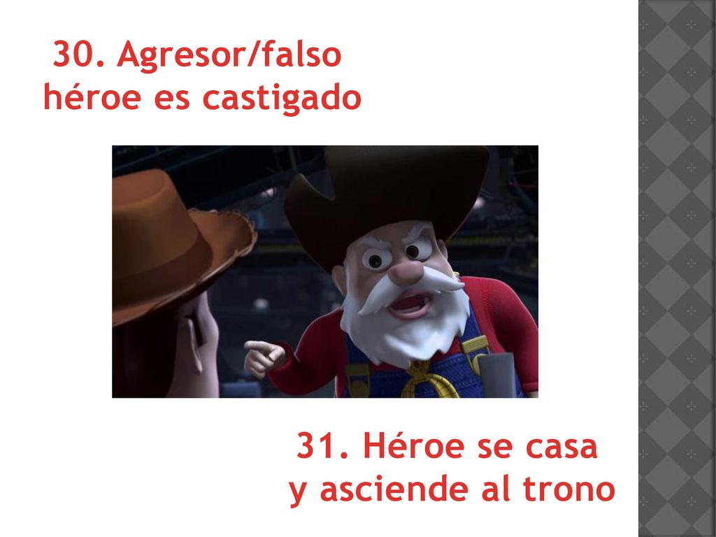 30. Agresor/falso héroe es castigado 31. Héroe se casa y asciende al trono
