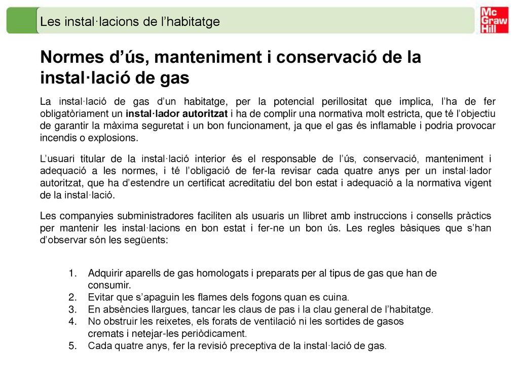 Normes d’ús, manteniment i conservació de la instal·lació de gas