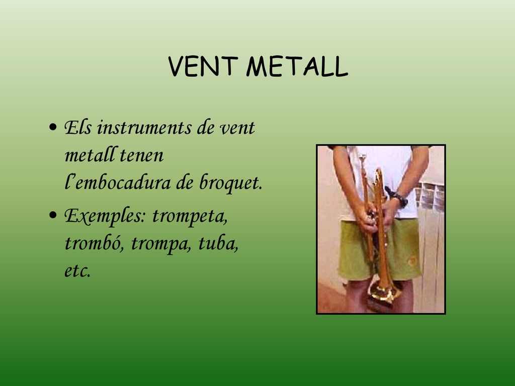 VENT METALL Els instruments de vent metall tenen l’embocadura de broquet.