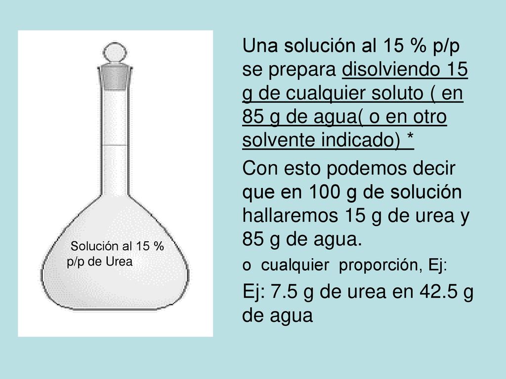 Una solución al 15 % p/p se prepara disolviendo 15 g de cualquier soluto ( en 85 g de agua( o en otro solvente indicado) *