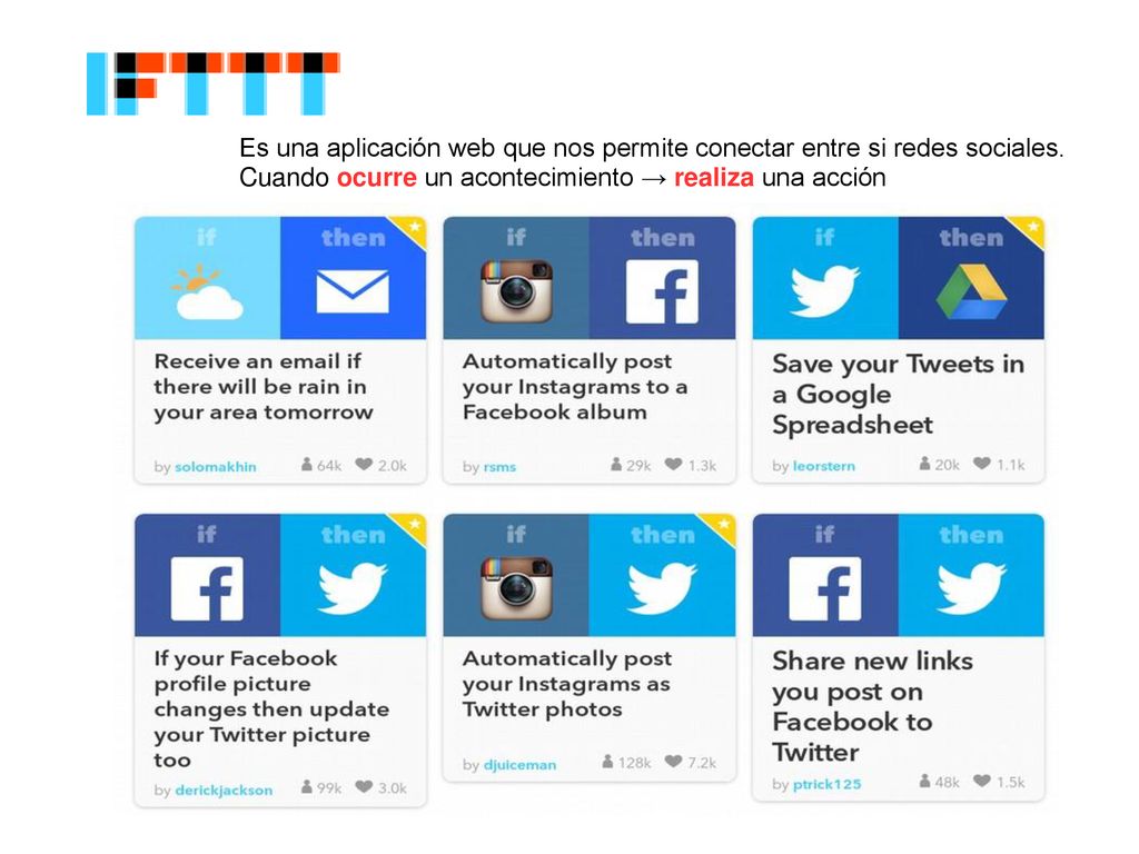 IFTTT.com Es una aplicación web que nos permite conectar entre si redes sociales.