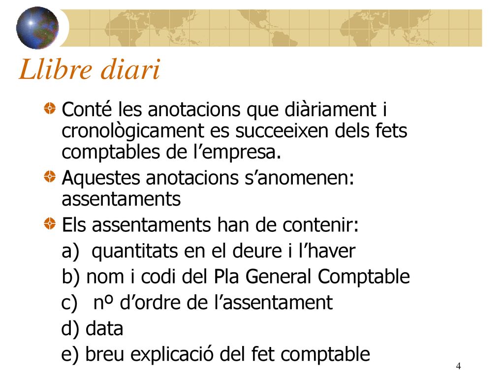 Llibre diari Conté les anotacions que diàriament i cronològicament es succeeixen dels fets comptables de l’empresa.