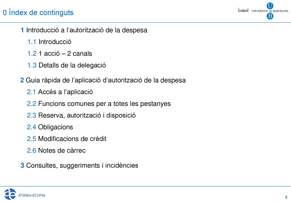 0 Índex de continguts 1 Introducció a l’autorització de la despesa