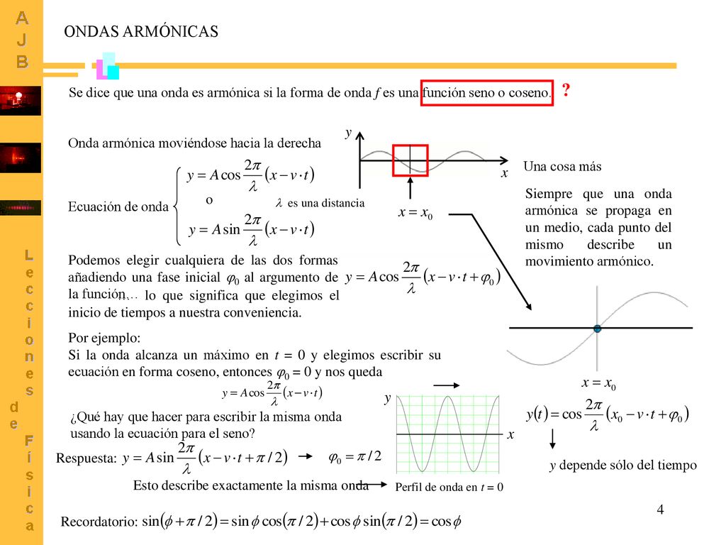ONDAS ARMÓNICAS Se dice que una onda es armónica si la forma de onda f es una función seno o coseno.