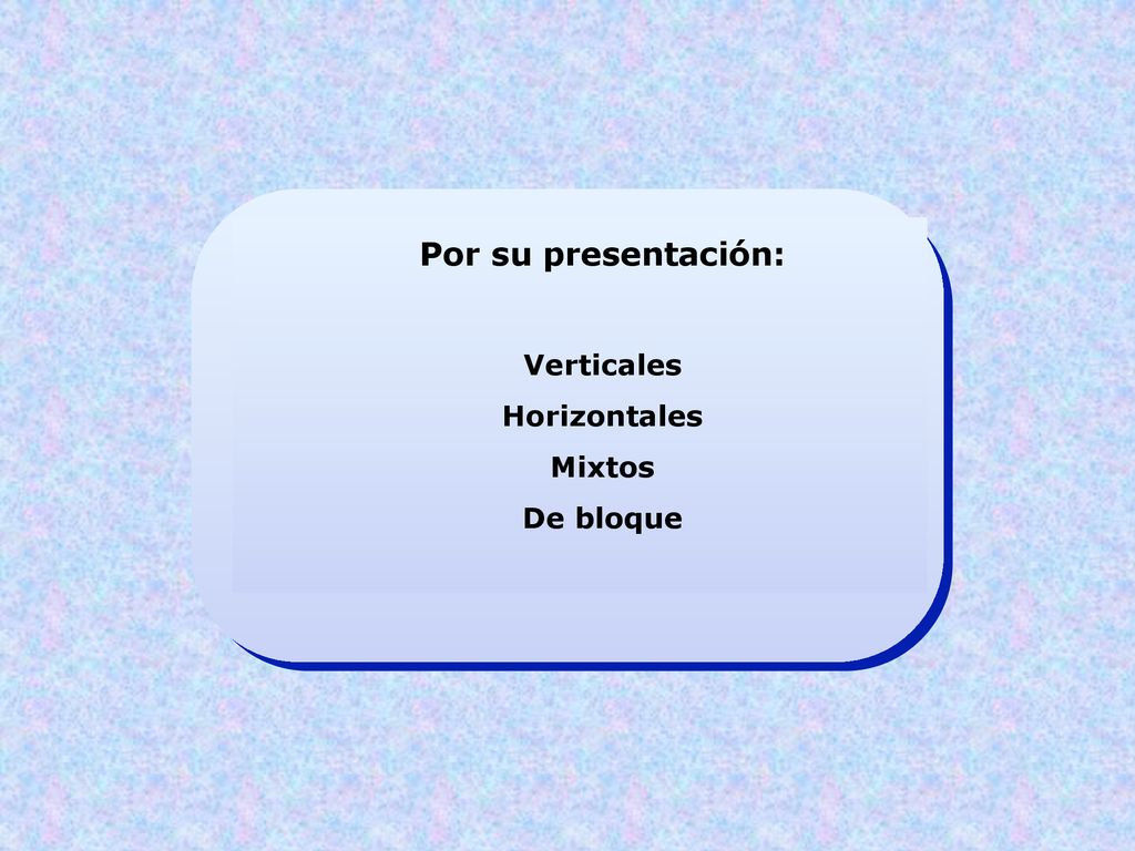 Por su presentación: Verticales Horizontales Mixtos De bloque