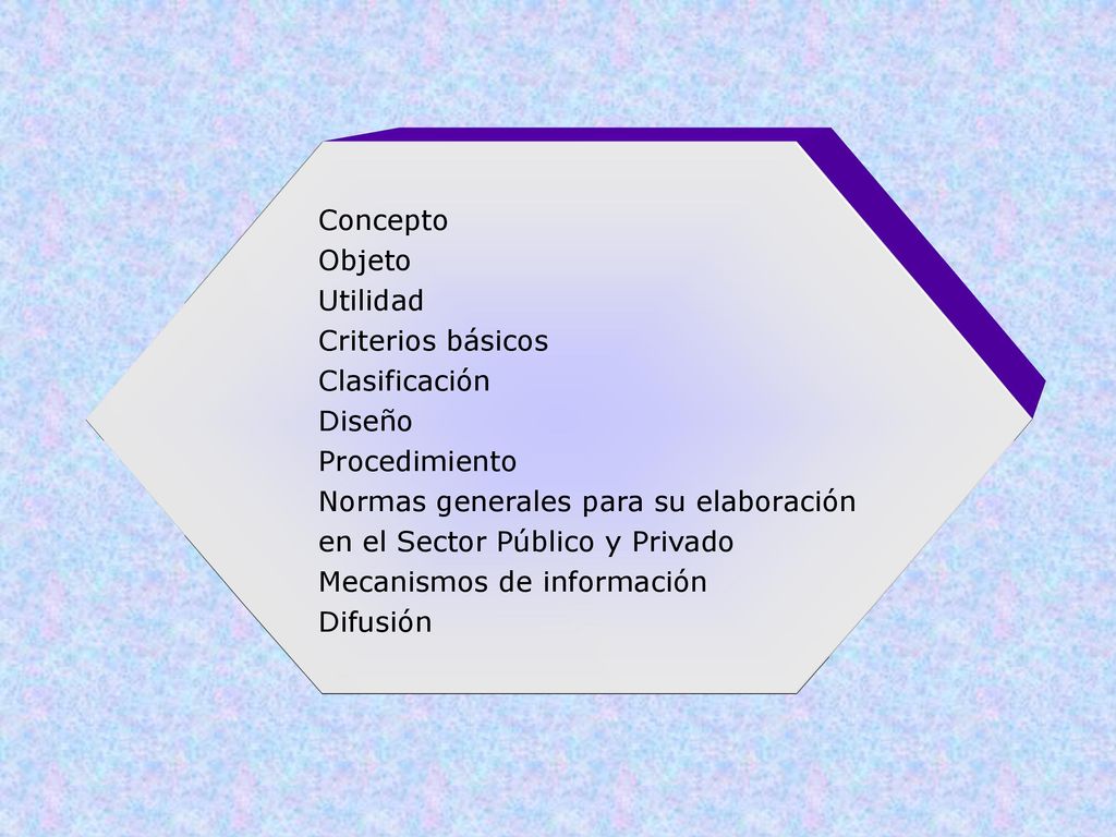 Concepto Objeto. Utilidad. Criterios básicos. Clasificación. Diseño. Procedimiento. Normas generales para su elaboración.