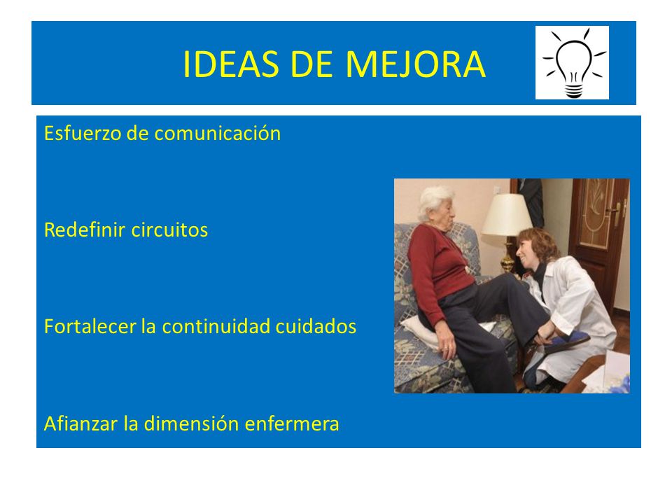IDEAS DE MEJORA Esfuerzo de comunicación Redefinir circuitos Fortalecer la continuidad cuidados Afianzar la dimensión enfermera