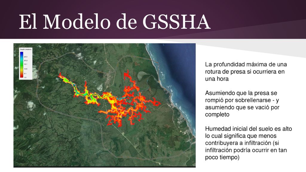 El Modelo de GSSHA La profundidad máxima de una rotura de presa si ocurriera en una hora.