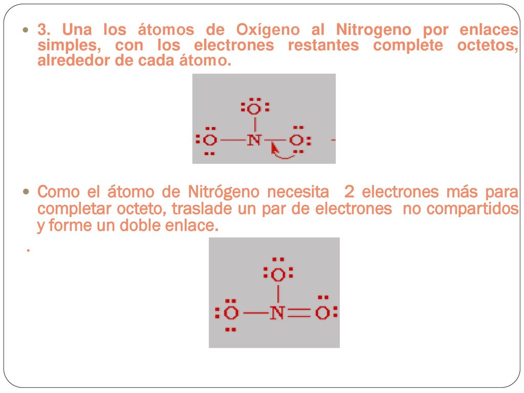 3. Una los átomos de Oxígeno al Nitrogeno por enlaces simples, con los electrones restantes complete octetos, alrededor de cada átomo.