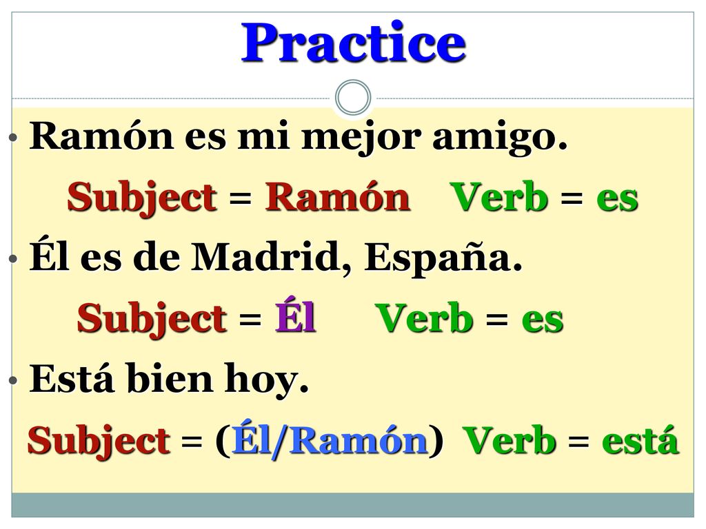 Practice Ramón es mi mejor amigo. Subject = Ramón Verb = es