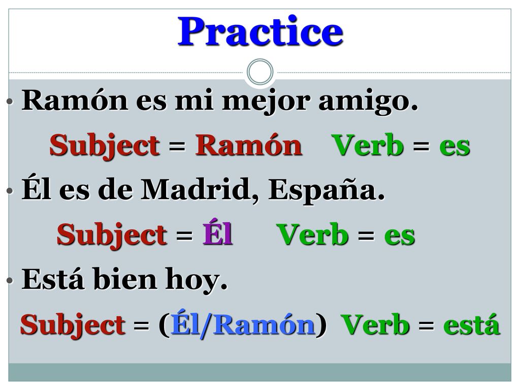 Practice Ramón es mi mejor amigo. Subject = Ramón Verb = es