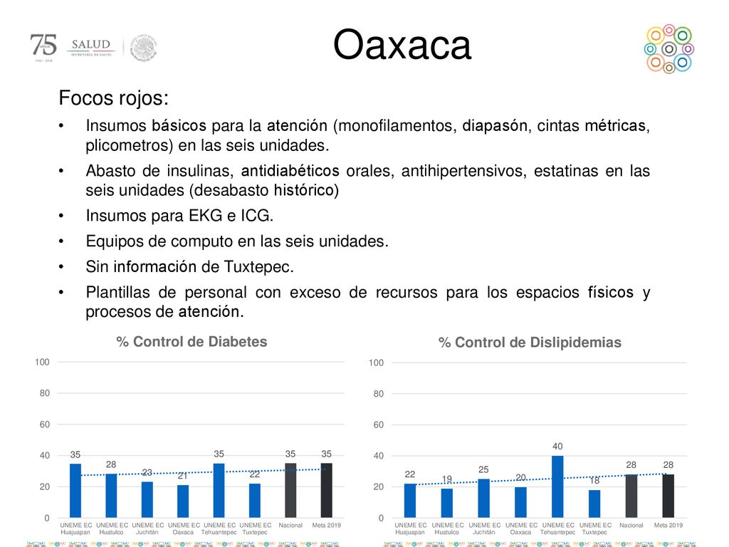 Oaxaca Focos rojos: Insumos básicos para la atención (monofilamentos, diapasón, cintas métricas, plicometros) en las seis unidades.
