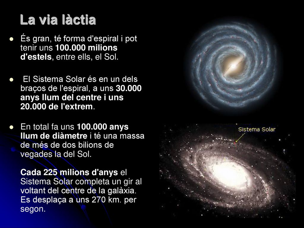 La via làctia És gran, té forma d espiral i pot tenir uns milions d estels, entre ells, el Sol.