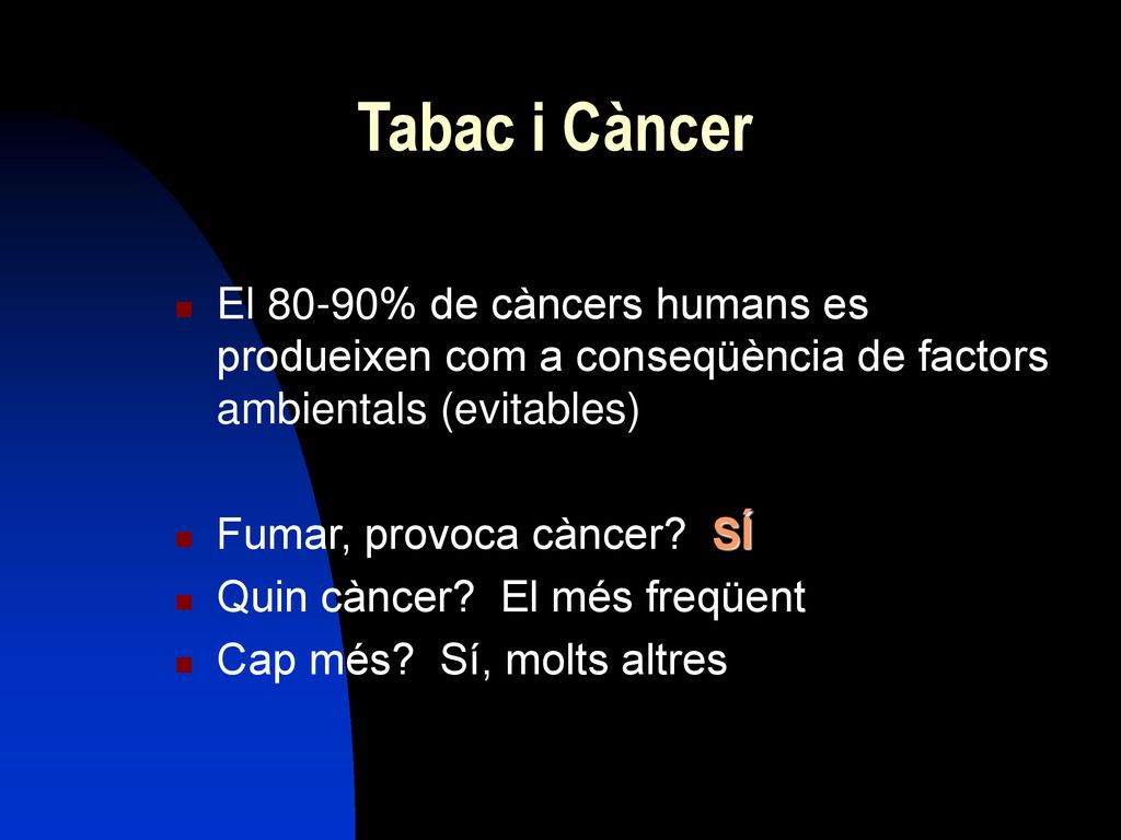 Tabac i Càncer El 80-90% de càncers humans es produeixen com a conseqüència de factors ambientals (evitables)