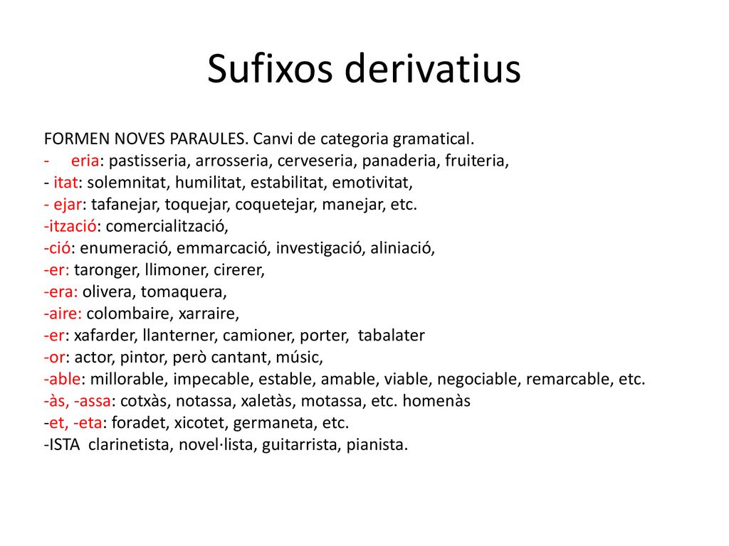 Sufixos derivatius FORMEN NOVES PARAULES. Canvi de categoria gramatical. eria: pastisseria, arrosseria, cerveseria, panaderia, fruiteria,
