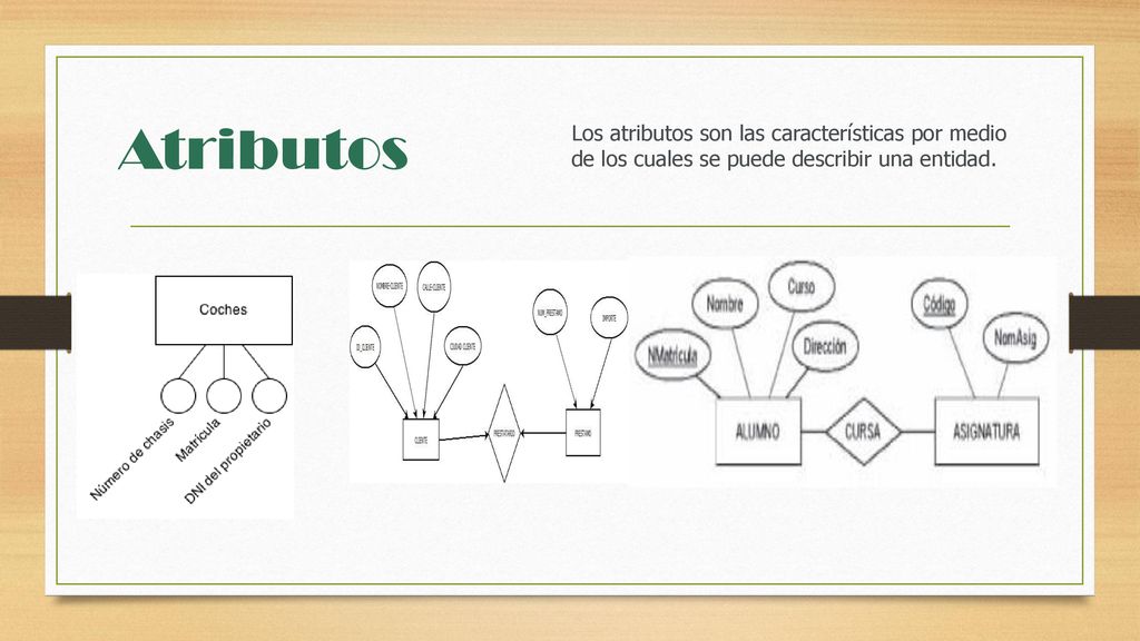 Atributos Los atributos son las características por medio de los cuales se puede describir una entidad.