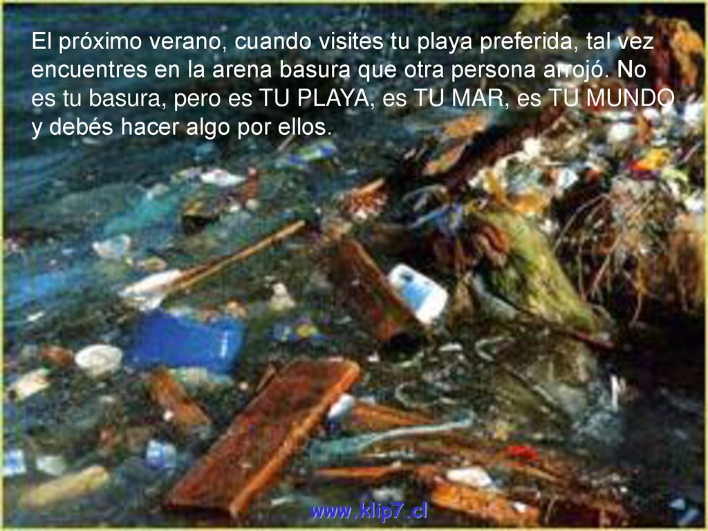 El próximo verano, cuando visites tu playa preferida, tal vez encuentres en la arena basura que otra persona arrojó. No es tu basura, pero es TU PLAYA, es TU MAR, es TU MUNDO y debés hacer algo por ellos.