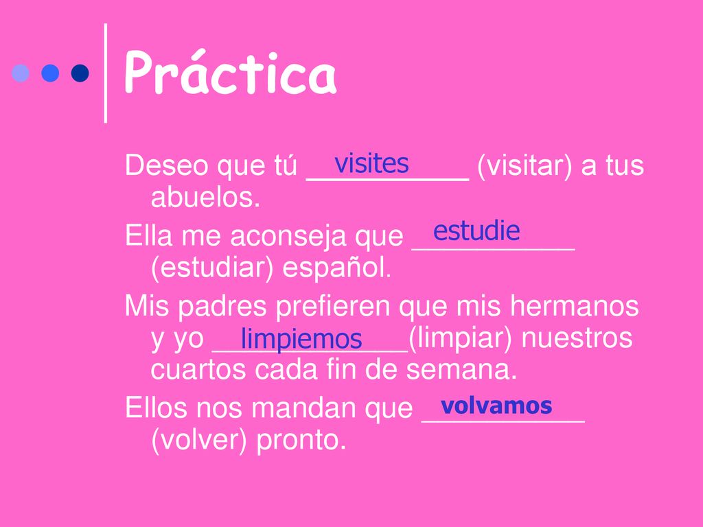 Práctica Deseo que tú __________ (visitar) a tus abuelos.