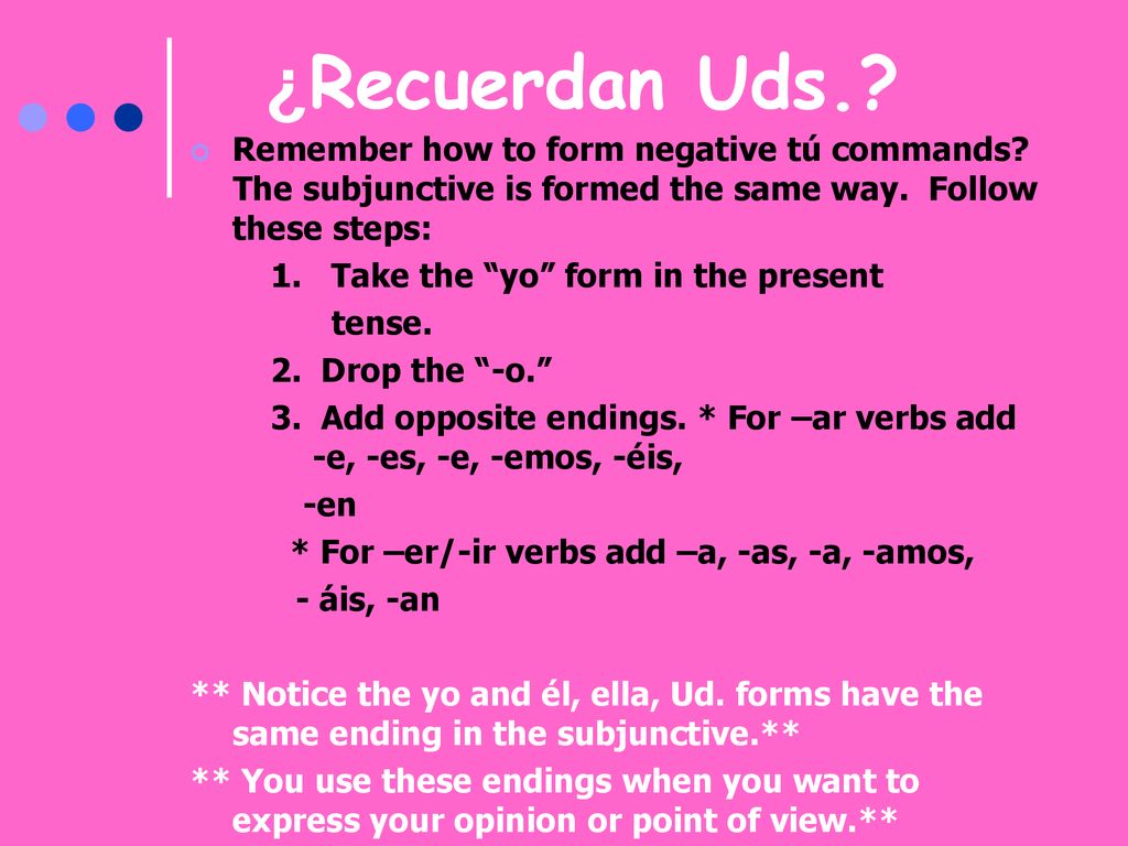 ¿Recuerdan Uds. Remember how to form negative tú commands The subjunctive is formed the same way. Follow these steps: