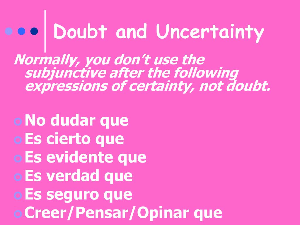 Doubt and Uncertainty No dudar que Es cierto que Es evidente que