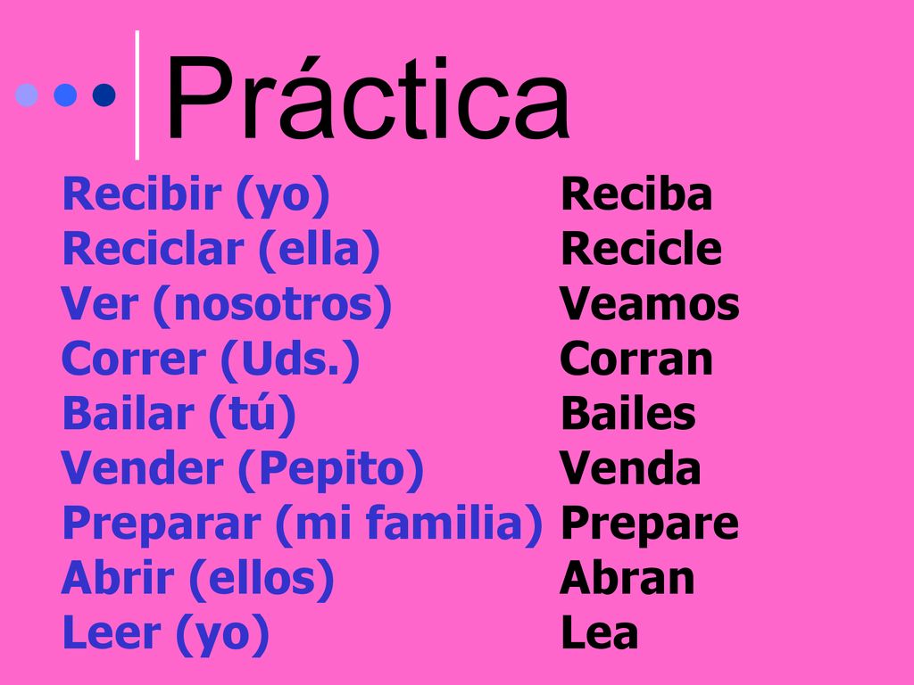 Práctica Recibir (yo) Reciclar (ella) Ver (nosotros) Correr (Uds.)