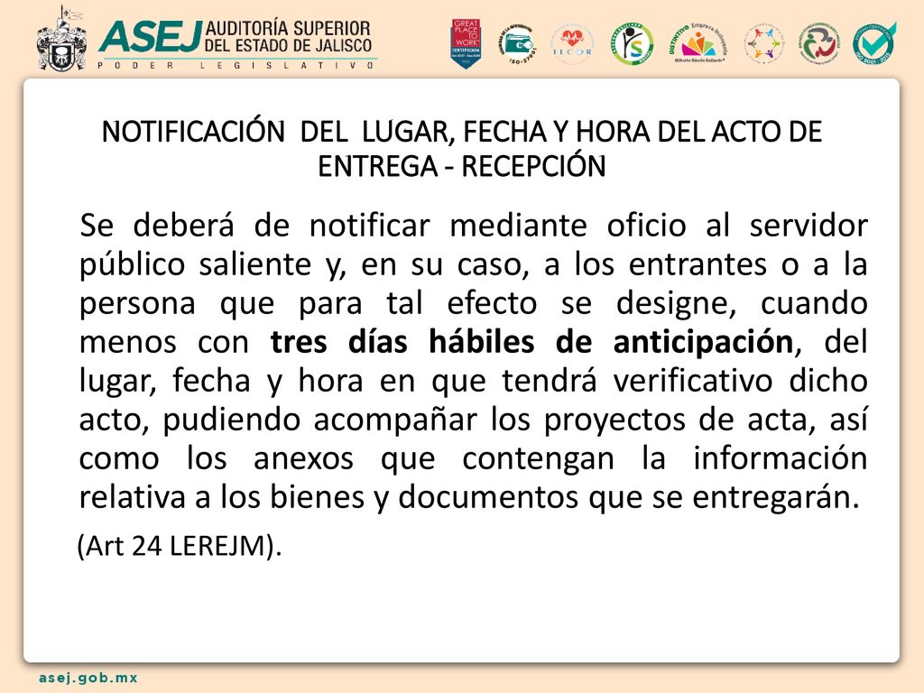 NOTIFICACIÓN DEL LUGAR, FECHA Y HORA DEL ACTO DE ENTREGA - RECEPCIÓN