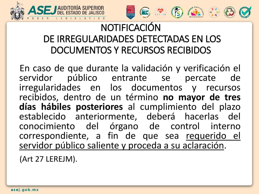 NOTIFICACIÓN DE IRREGULARIDADES DETECTADAS EN LOS DOCUMENTOS Y RECURSOS RECIBIDOS