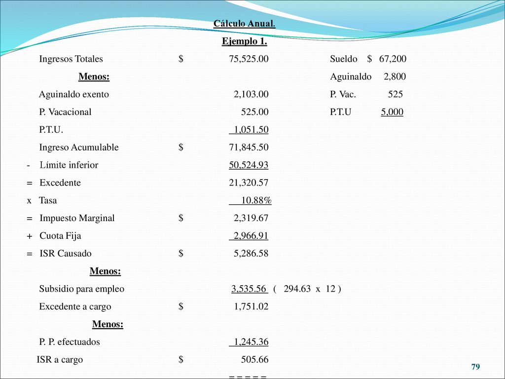 Cálculo Anual. Ejemplo 1. Ingresos Totales $ 75, Sueldo $ 67,200. Menos: Aguinaldo 2,800.