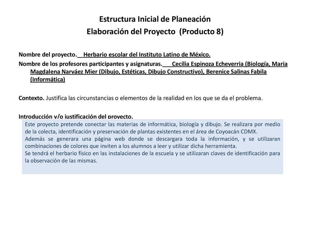 Estructura Inicial de Planeación Elaboración del Proyecto (Producto 8)