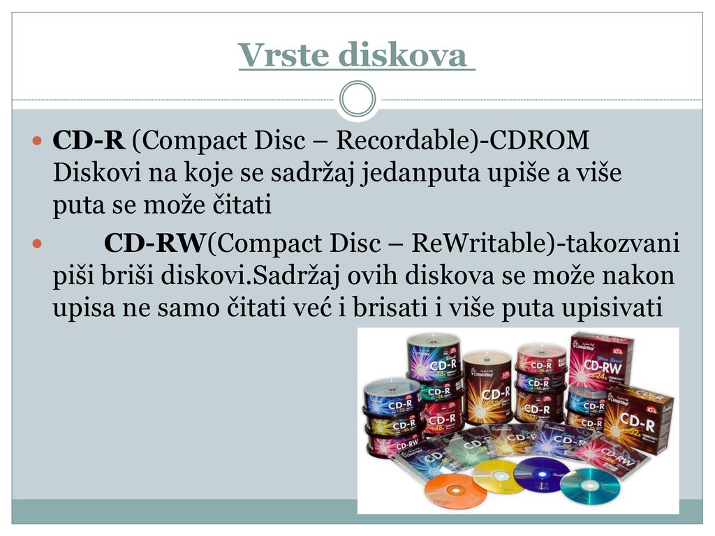 Vrste diskova CD-R (Compact Disc – Recordable)-CDROM Diskovi na koje se sadržaj jedanputa upiše a više puta se može čitati.