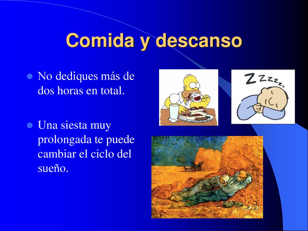 Comida y descanso No dediques más de dos horas en total.