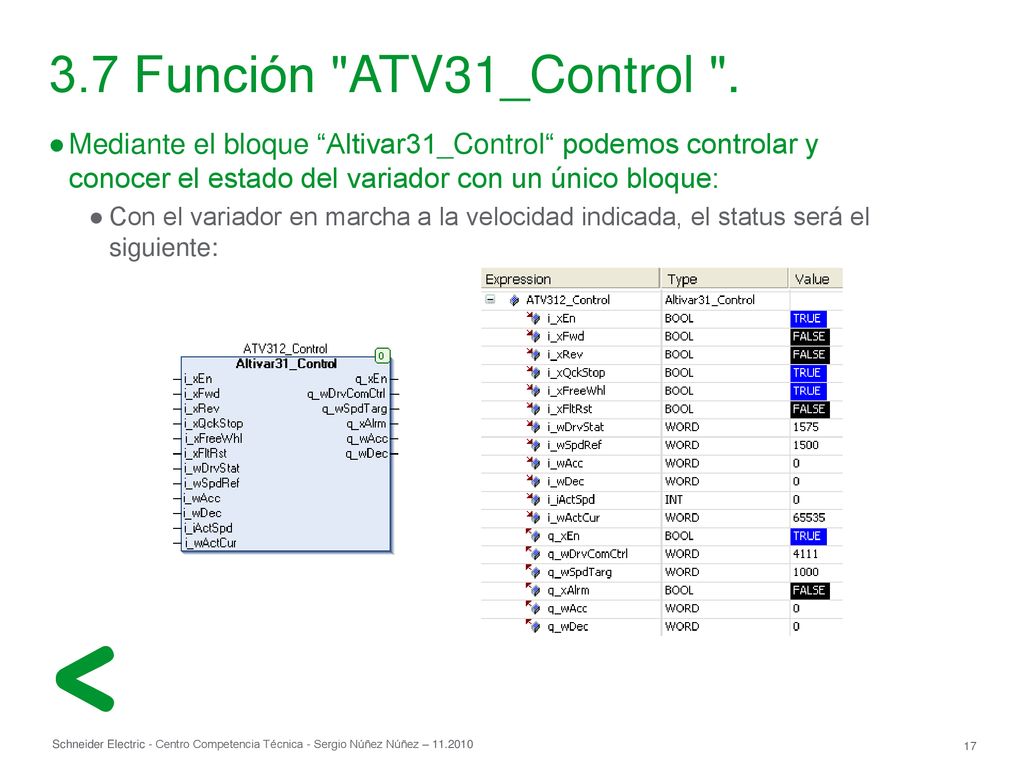 3.7 Función ATV31_Control . Mediante el bloque Altivar31_Control podemos controlar y conocer el estado del variador con un único bloque: