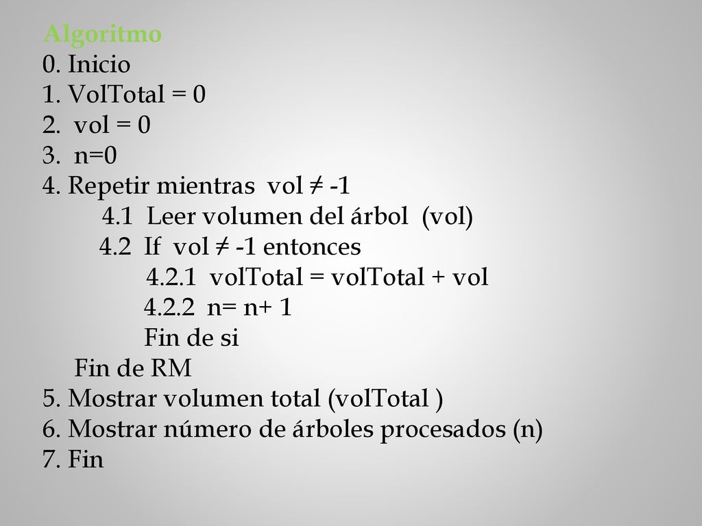Algoritmo 0. Inicio. 1. VolTotal = vol = n=0. 4. Repetir mientras vol ≠ Leer volumen del árbol (vol)