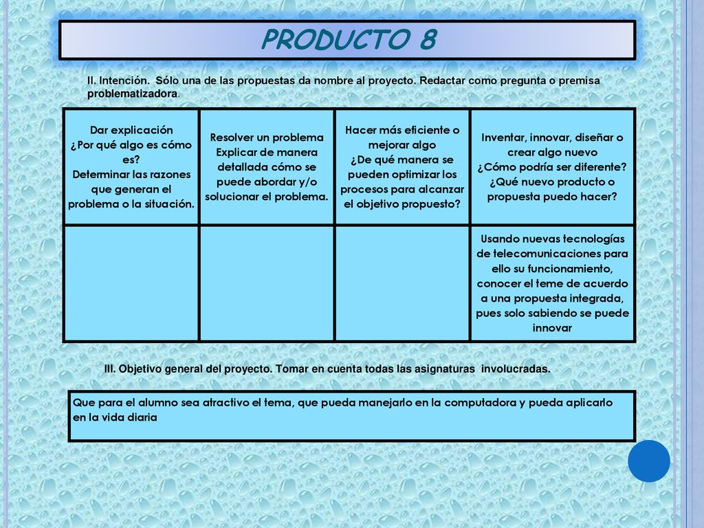 PRODUCTO 8 II. Intención. Sólo una de las propuestas da nombre al proyecto. Redactar como pregunta o premisa problematizadora.