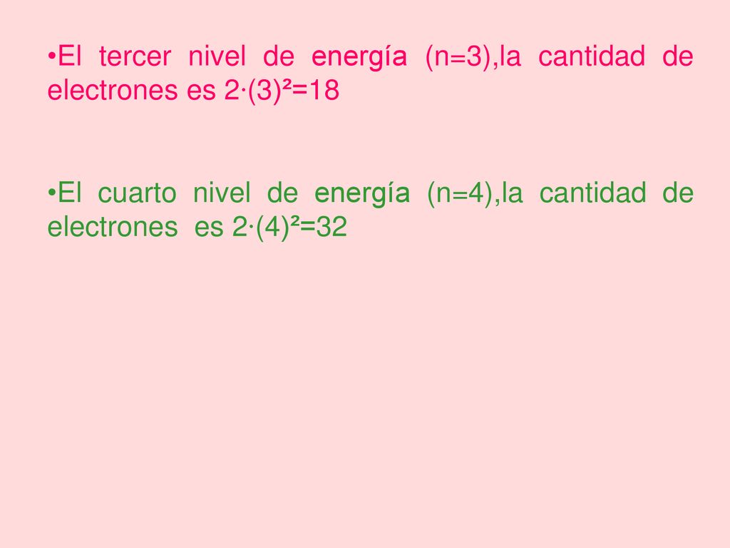 El tercer nivel de energía (n=3),la cantidad de electrones es 2∙(3)²=18