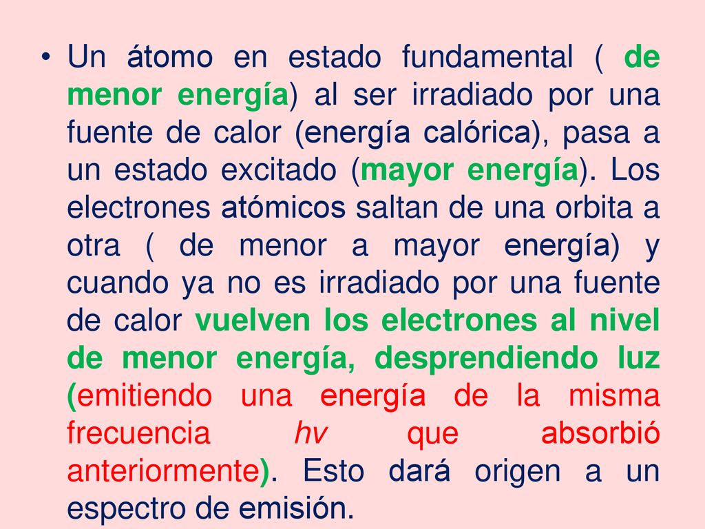 Un átomo en estado fundamental ( de menor energía) al ser irradiado por una fuente de calor (energía calórica), pasa a un estado excitado (mayor energía).