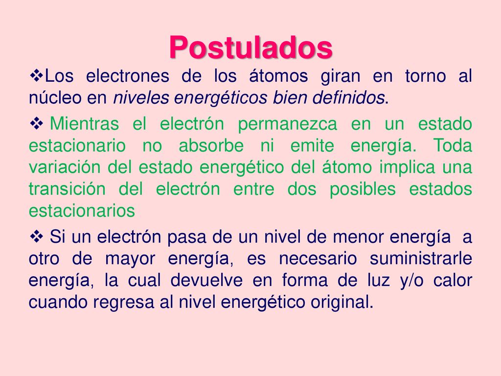 Postulados Los electrones de los átomos giran en torno al núcleo en niveles energéticos bien definidos.