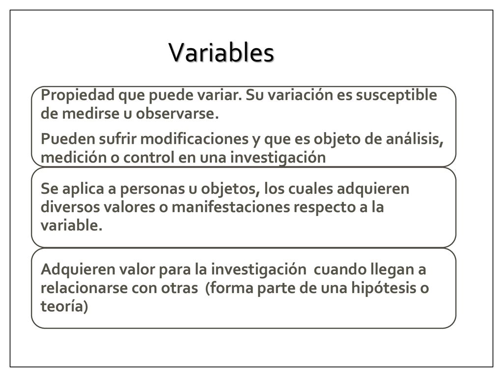 Variables Propiedad que puede variar. Su variación es susceptible de medirse u observarse.