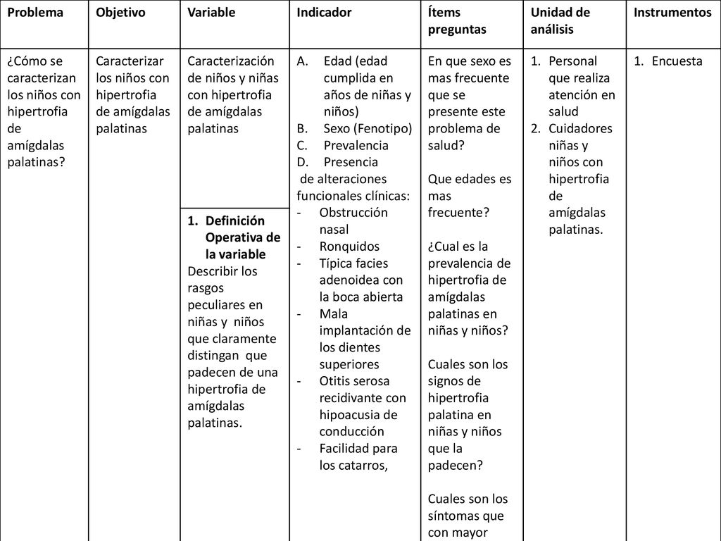 Problema Objetivo. Variable. Indicador. Ítems. preguntas. Unidad de análisis. Instrumentos.